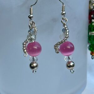Pink and Silver Beaded Earrings